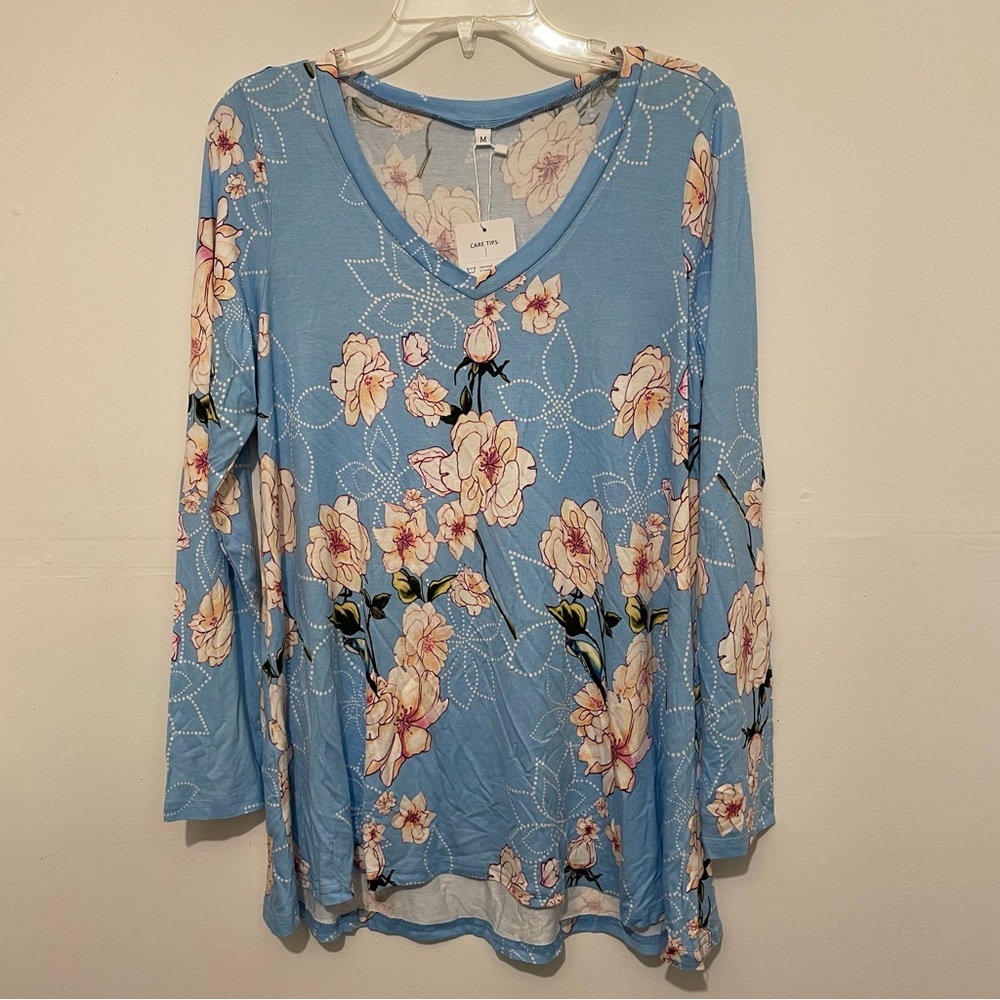Anygrew Floral Blue Long Sleeve Tunic Womens Medium Jersey Knit Soft Stretch NWT